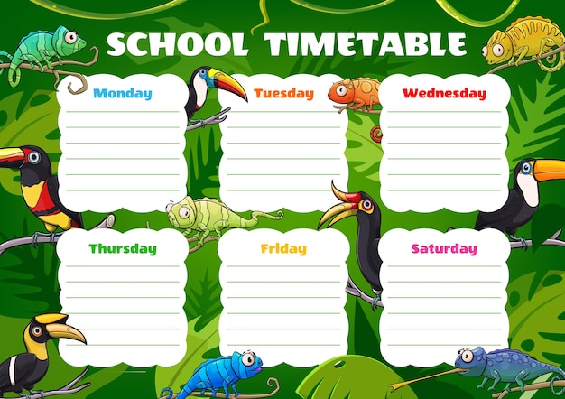 Education timetable with toucans and chameleons