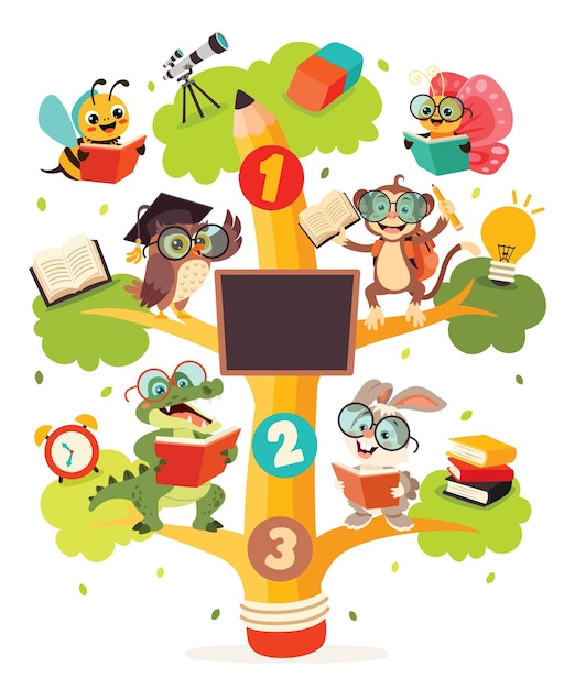 Education tree with cartoon animals