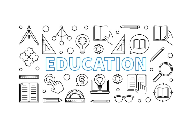 Education vector horizontal banner in thin line style