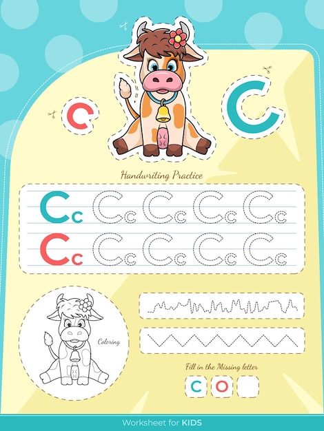 Il foglio di lavoro educativo per i bambini con una mucca e lettere