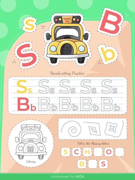 The education worksheet for kids with a school bus and letters