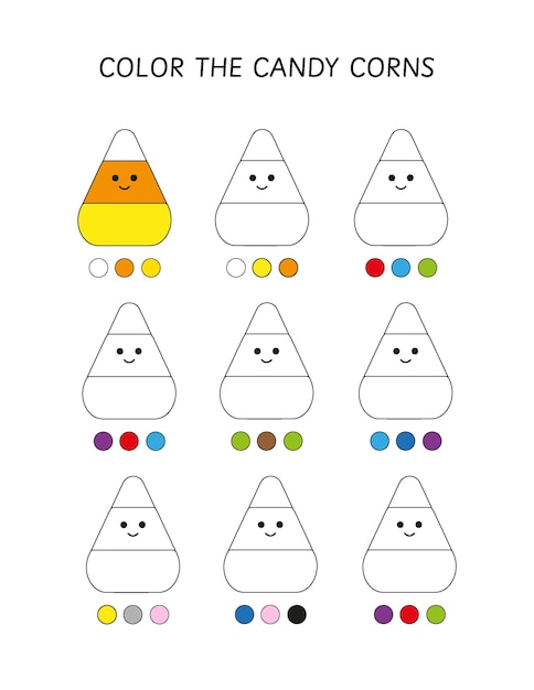 Vector educational activity. color the candy corns by code worksheet for preschool and kinder, patterns