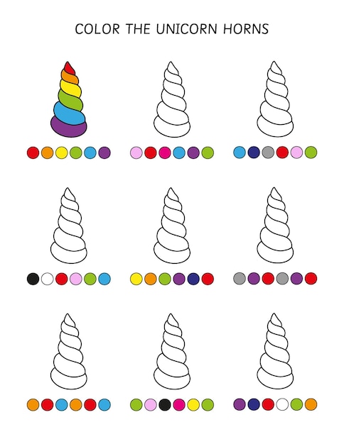 교육 활동. 유치원과 유치원을 위한 코드 워크시트로 유니콘 뿔을 색칠하세요. 패턴