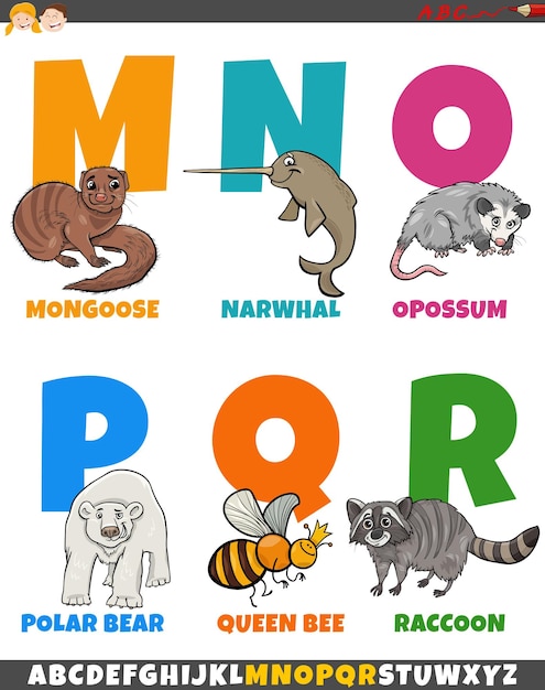 Educational alphabet set with cartoon animal characters