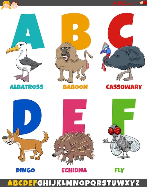 Vector educational cartoon alphabet collection with funny animals