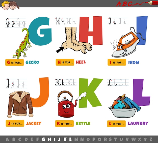 Educational cartoon alphabet letters for children from G to L