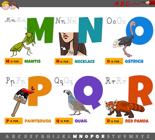 Lettere dell'alfabeto dei cartoni animati educativi per bambini dalla m alla r.
