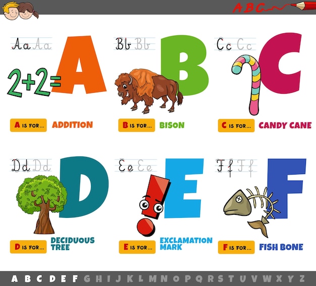 Vettore pagina a colori delle lettere dell'alfabeto dei cartoni animati educativi da a a f