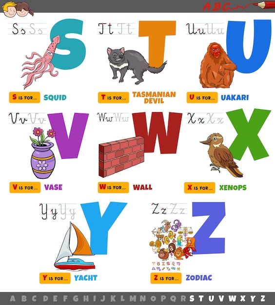 Lettere dell'alfabeto del fumetto educativo impostate dalla s alla z