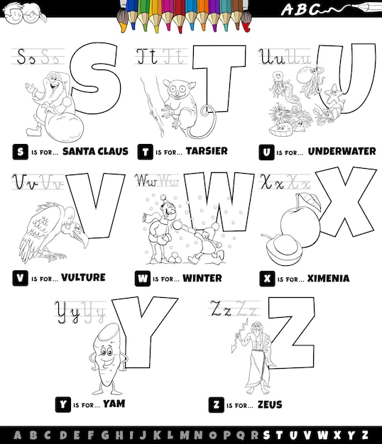 Sからzの塗り絵ページに設定された教育漫画のアルファベット