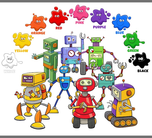 Образовательная мультяшная иллюстрация основных цветов с красочной группой персонажей-роботов