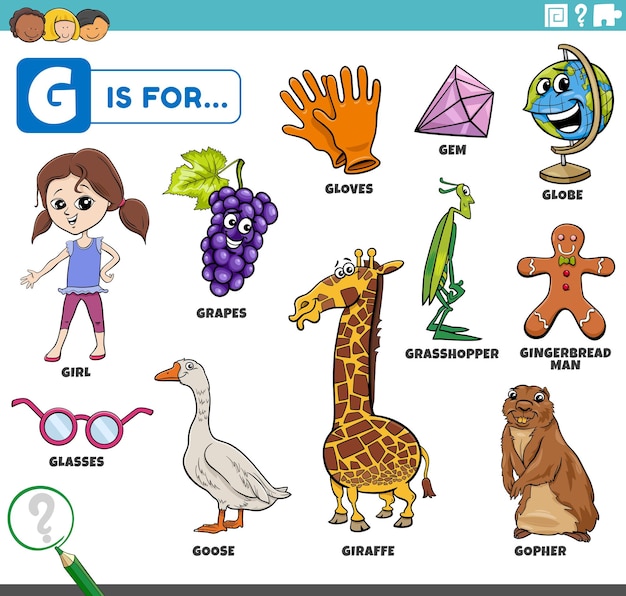 Educational cartoon illustration for children with comic characters and objects set for letter g