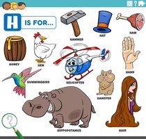 Educational cartoon illustration for children with comic characters and objects set for letter h