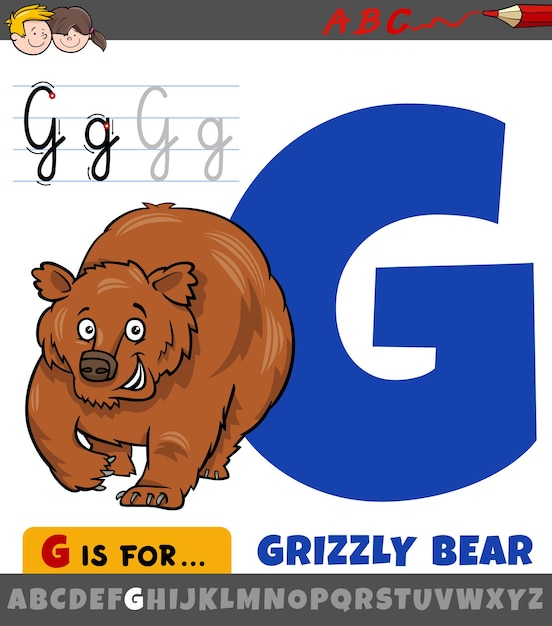 Fumetto educativo illustrazione della lettera g dall'alfabeto con carattere animale orso grizzly