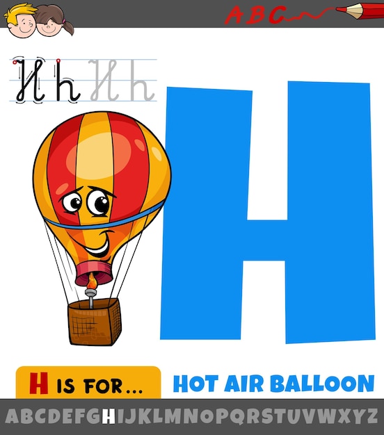 Vettore illustrazione del fumetto educativo della lettera h dell'alfabeto con il personaggio della mongolfiera