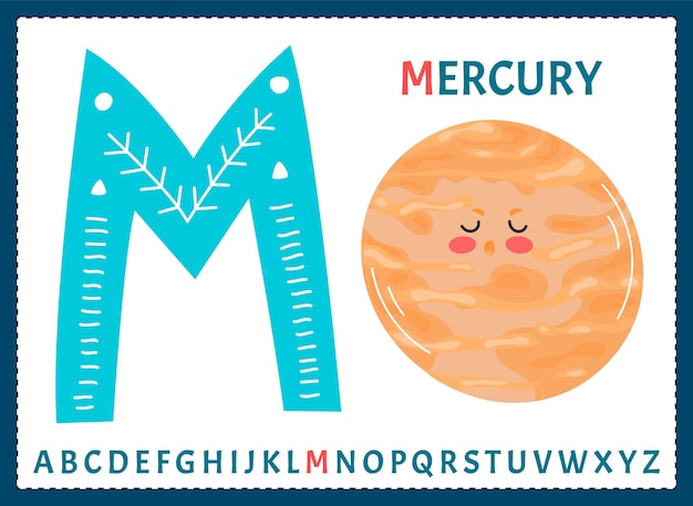 Educational cartoon illustration of letter M from alphabet with Mercury planet character