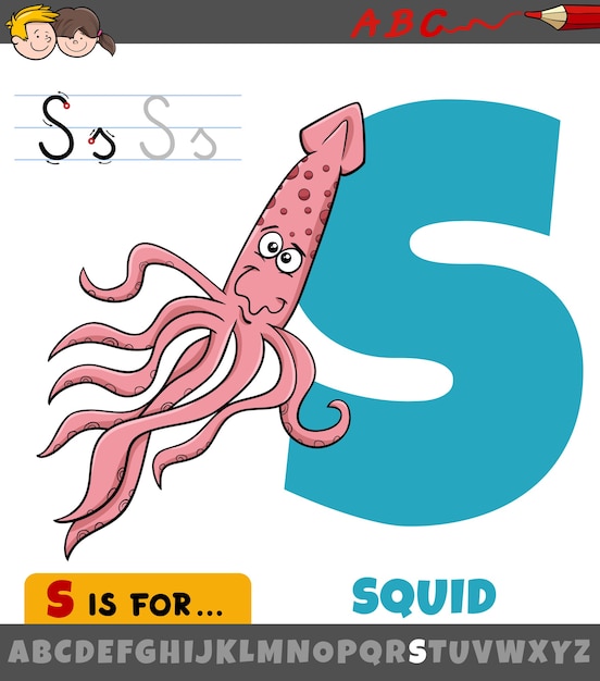 Educational cartoon illustration of letter s from alphabet with squid