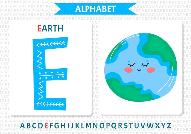 Образовательная карикатура на букву е из алфавита с характером планеты земля