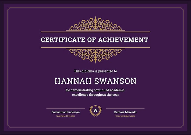 Educational certificate achievement graduation diploma classic curved ornate purple template vector