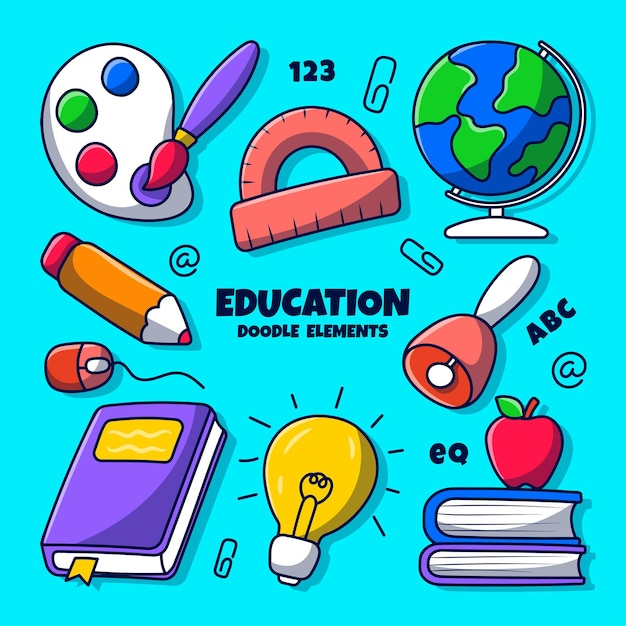 Educational clipart element set with colored hand drawn doodle style