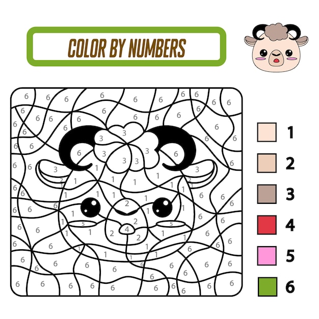 Educational coloring book by numbers for preschool children Cute cartoon lamb Educational coloring book with animals A training card with a task for preschool and kindergarten children