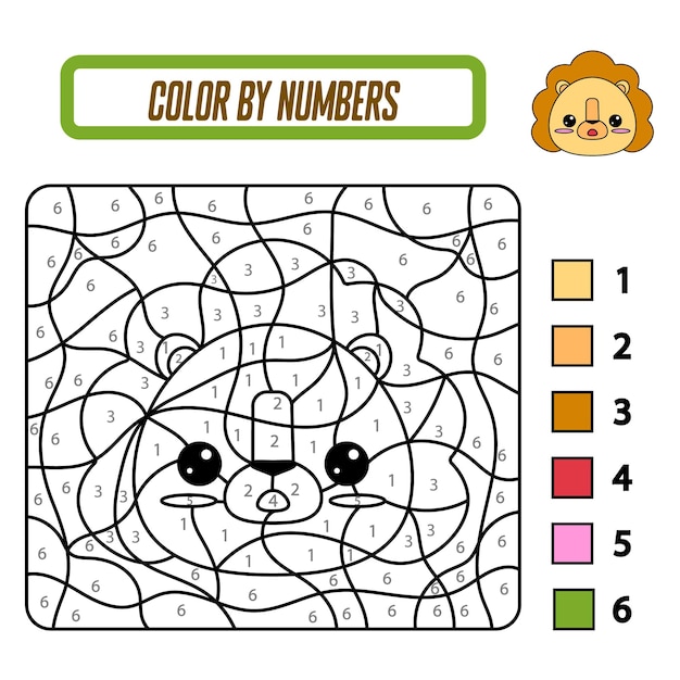 Educational coloring book by numbers for preschool children cute cartoon lion educational coloring book with animals a training card with a task for preschool and kindergarten children
