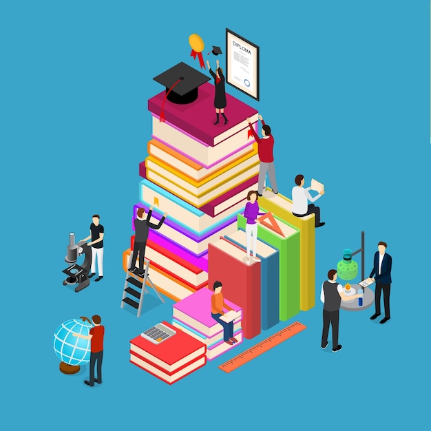 Vector educational concept isometric view with a stack of books and people for design presentations and advertising vector illustration