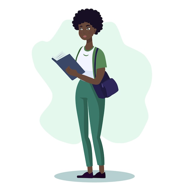 Educational concept, young woman standing with book. Flat cartoon style illustration