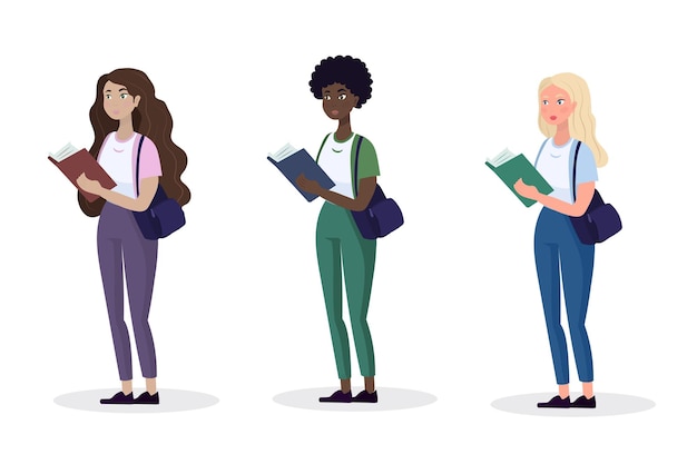 Vector educational concept young woman standing with book web page banner