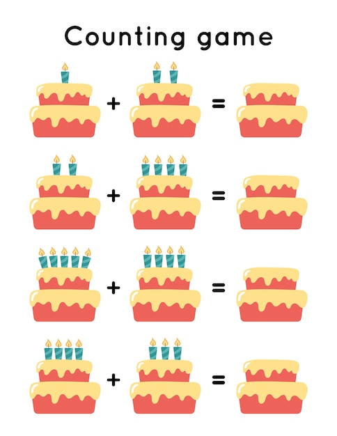 Educational counting game for preschool kids. cute cartoon birthday cake with candles.