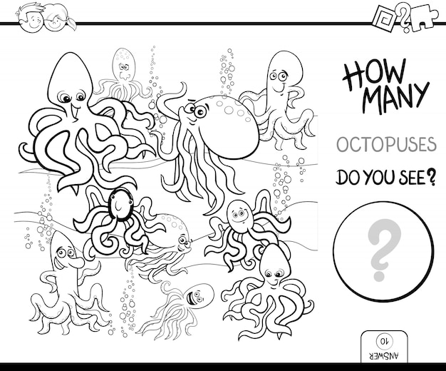 Educational counting game with octopuses coloring book