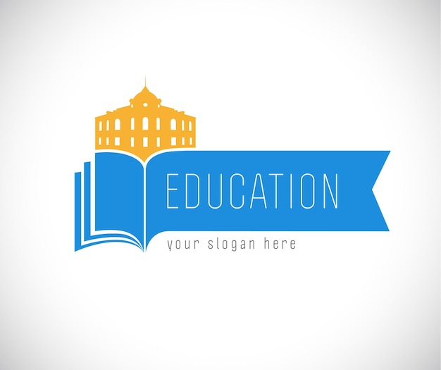 교육적 창조적 인 로고 타입 역사적인 건물 및 책 금색 및 파란색 색상