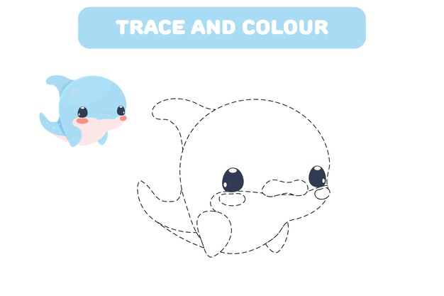 Развивающая игра для детей «Соедини точки» для практики письма-раскраски с милым морским дельфином