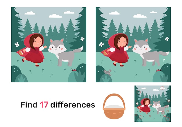 Vector educational game for children find differences the little red riding hood