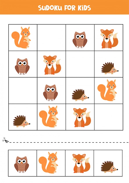Gioco educativo per bambini. sudoku con animali del bosco.