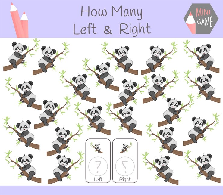 Vector educational game of counting left and right oriented pictures for children with panda.