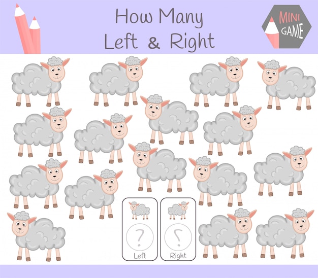 Vector educational game of counting left and right oriented pictures for children with sheep