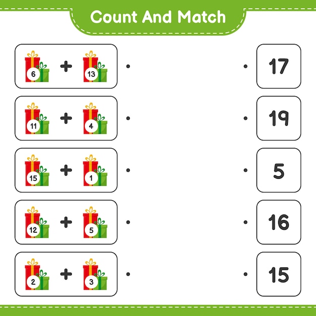 Educational game counting the number of gift boxes and matching with right numbers