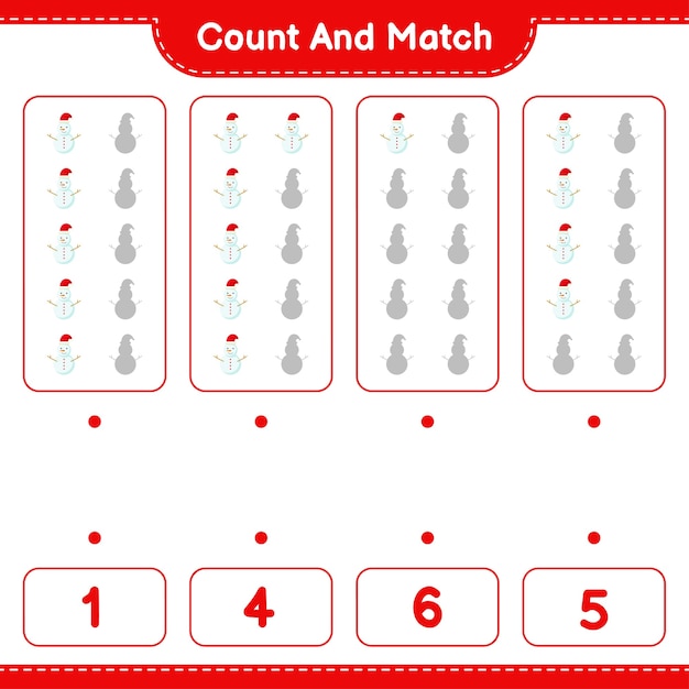 Educational game counting the number of snowman and matching with right numbers