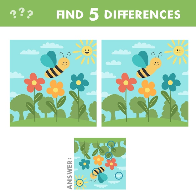 Развивающая игра для детей найди отличия милая пчелка с цветами
