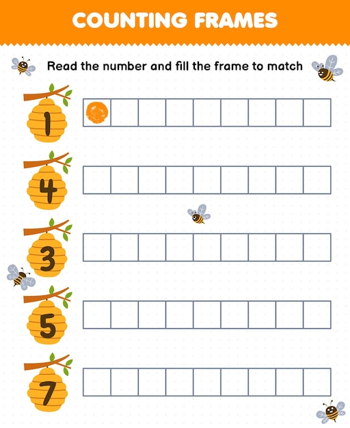 子供のための教育的なゲームは、数字を読んで、かわいい漫画の蜂の巣の印刷可能な農場のワークシートのフレームを埋めます