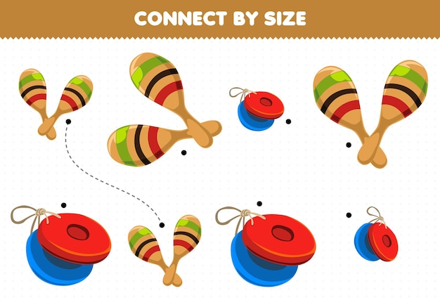 Vector educational game for kids connect by the size of cartoon music instrument castanet and maracas printable worksheet