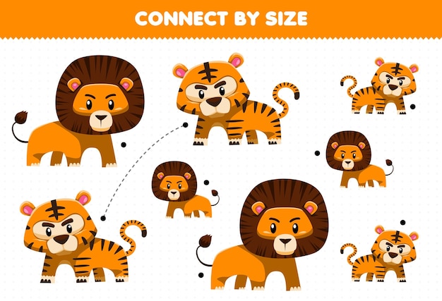 かわいい漫画の動物のライオンと虎の印刷可能なワークシートのサイズで接続する子供向けの教育ゲーム