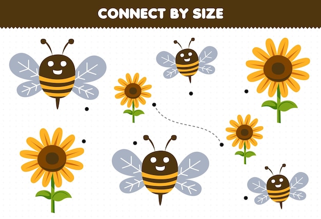 Gioco educativo per bambini che si connette in base alle dimensioni di un simpatico cartone animato ape e foglio di lavoro stampabile della fattoria del girasole