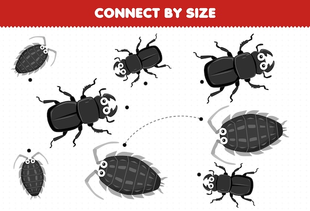 Educational game for kids connect by the size of cute cartoon beetle and louse printable bug worksheet