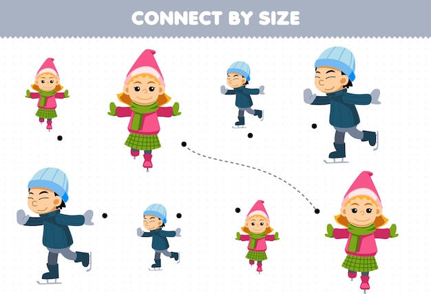 Educational game for kids connect by the size of cute cartoon boy and girl playing ice skating printable winter worksheet