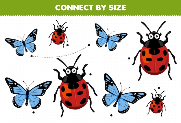 Educational game for kids connect by the size of cute cartoon butterfly and ladybug printable bug worksheet