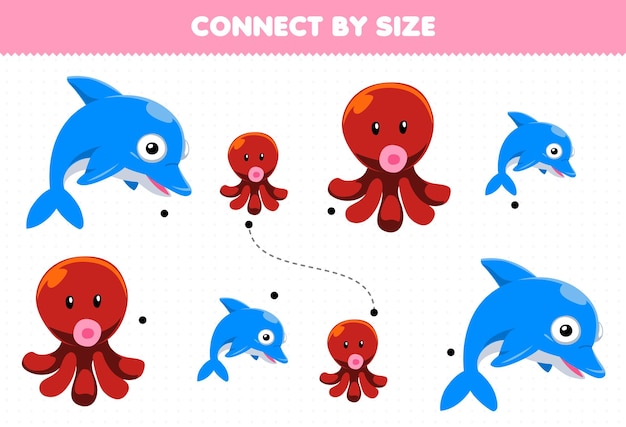 아이들을 위한 교육용 게임은 귀여운 만화 돌고래와 문어의 인쇄 가능한 수중 워크시트의 크기로 연결됩니다.