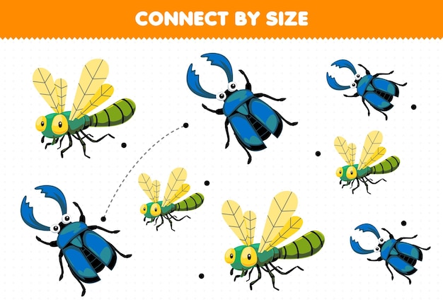 Educational game for kids connect by the size of cute cartoon dragonfly and beetle printable bug worksheet