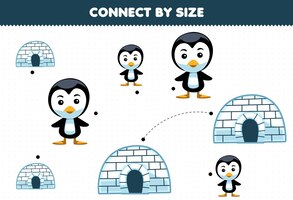 Educational game for kids connect by the size of cute cartoon igloo and penguin printable winter worksheet